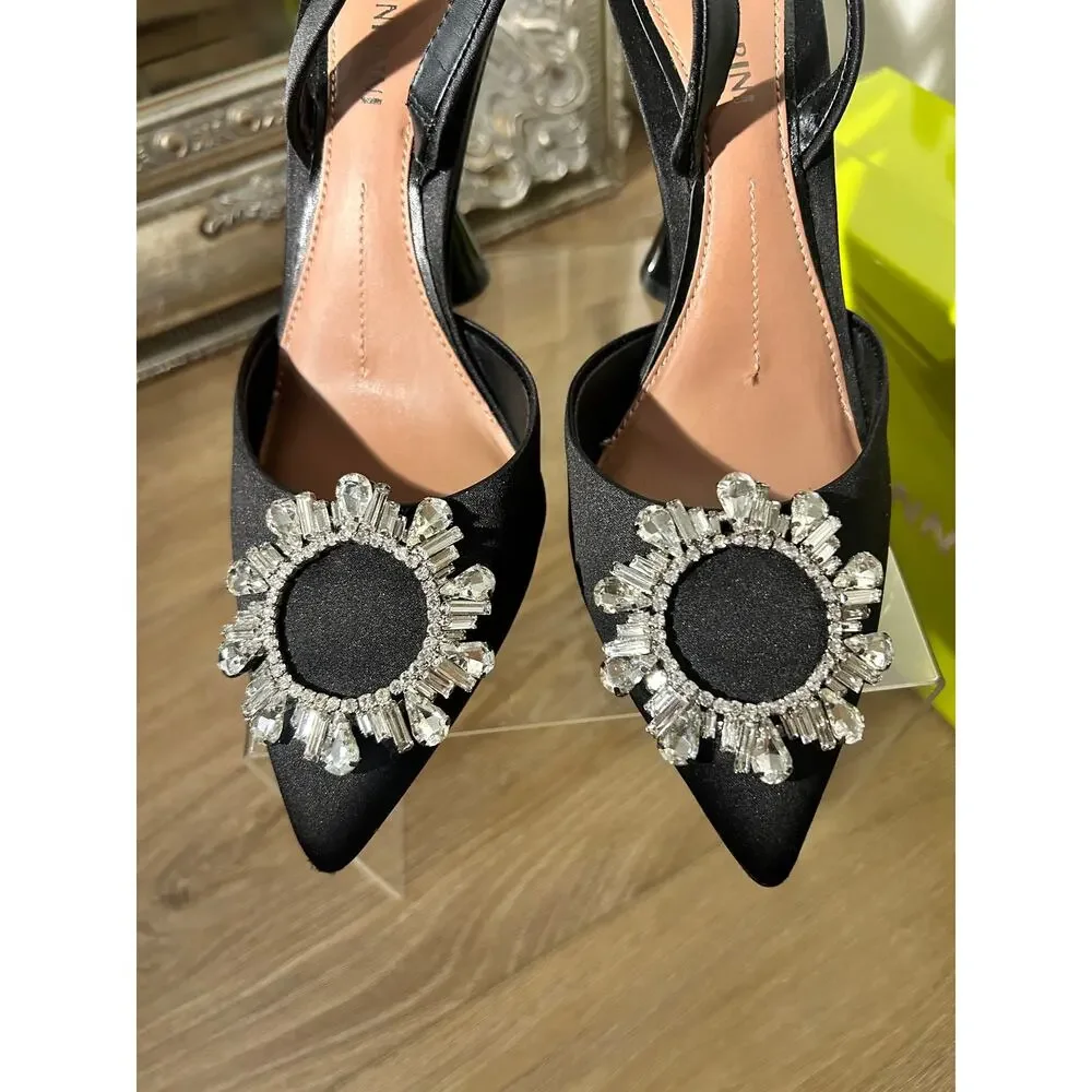 Black Satin Crystal Embellished Slingback Heels by Gianni Bini Size 7 $135